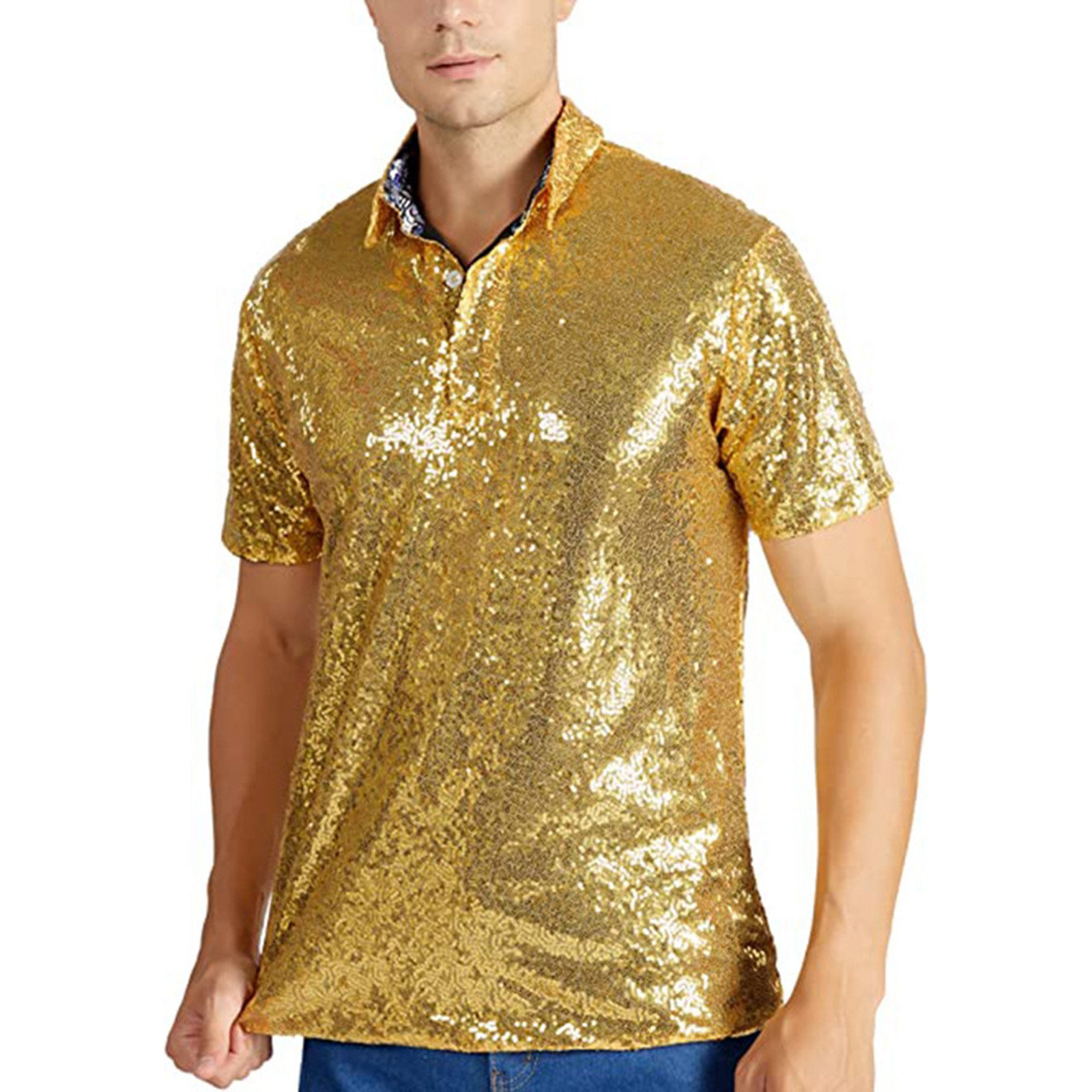 thumbnail image 4 of Camisa de fiesta disco con lentejuelas para hombre: manga corta, cuello vuelto, doble capa, 96 % poliéster, diseño brillante para discotecas., 4 of 4